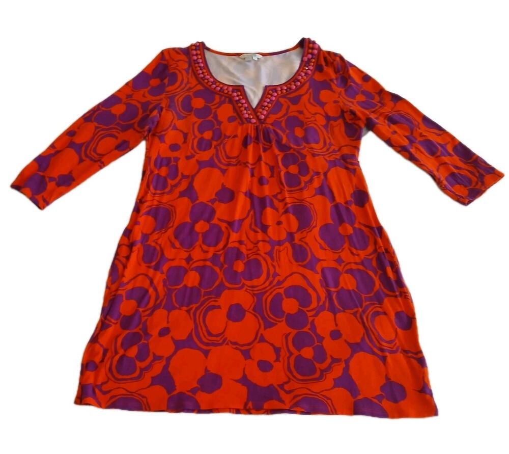 Boden Tunic Midi Dress Womens 14 Orange Purple Jersey Beaded 3/4 Sleeve Boho Art